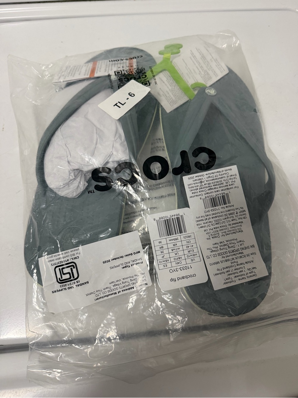 CROCS Men's Gray Flip Flops with Lime Green Strap Accent